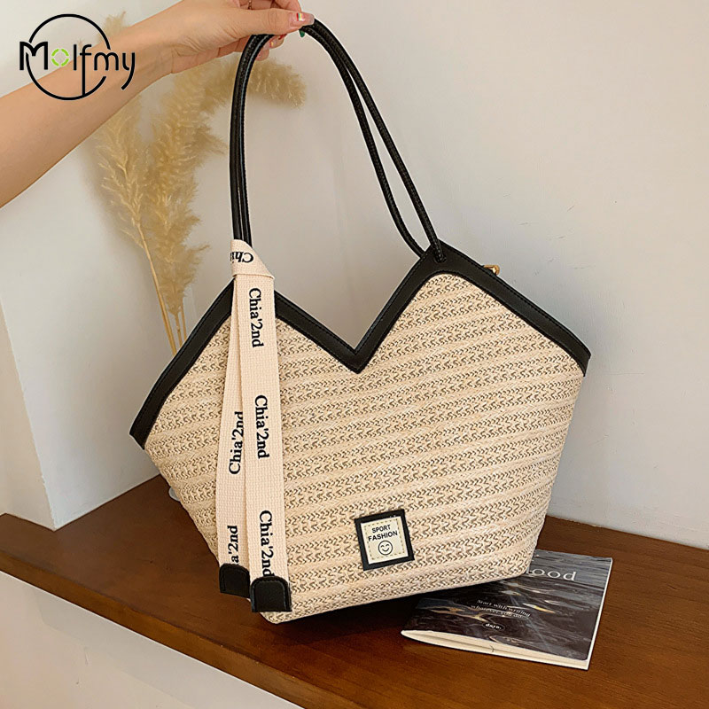 Women Bags Handmade - กระเป๋าชายหาดสุภาพสตรี Vintage Handmade ทอกระเป๋าถือไหล่ขนาดใหญ่ความจุกระเป๋าหวายฤดูร้อนวันหยุดกระเป๋าถือลําลอง Bolso Mujer