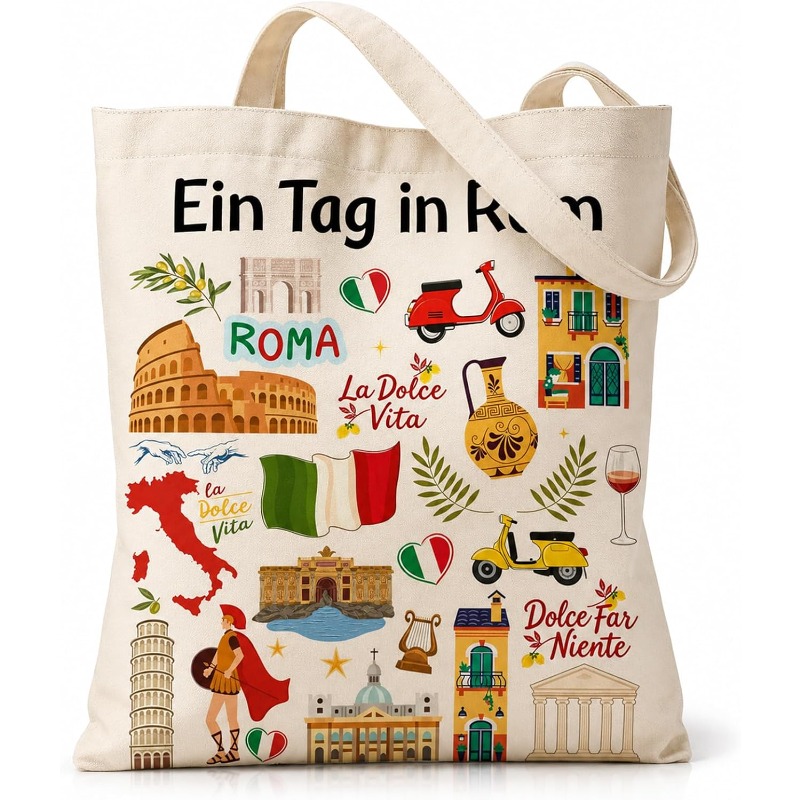 Women Bags Rome - กระเป๋าผ้าแคนวาสเป็นมิตรต่อสิ่งแวดล้อม ลายการ์ตูนสถานที่สำคัญของโรม ใช้ซ้ำได้ เหมาะสำหรับช้อปปิ้ง สะพายไหล่ หรือเป็นของขวัญสำหรับการเดินทาง