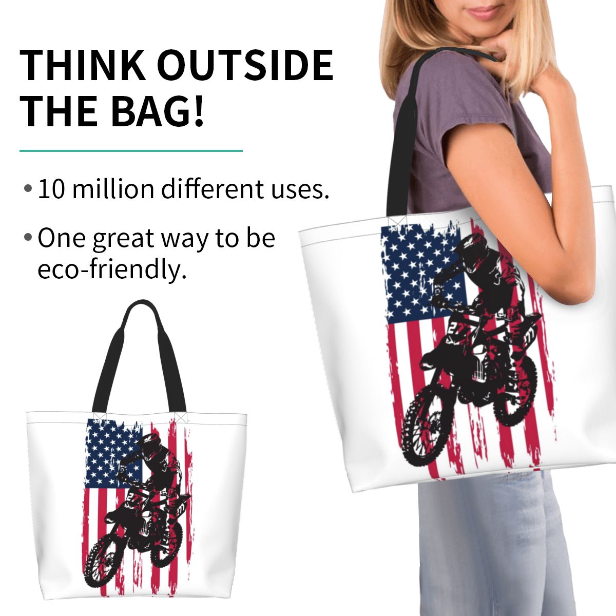 Women Bags Usa - ดートไบค์ โมโตครอส ยูเอสเอ ธงชาติอเมริกัน กระเป๋าช้อปปิ้งผ้าแคนวาส กระเป๋าสะพายไหล่ความจุขนาดใหญ่