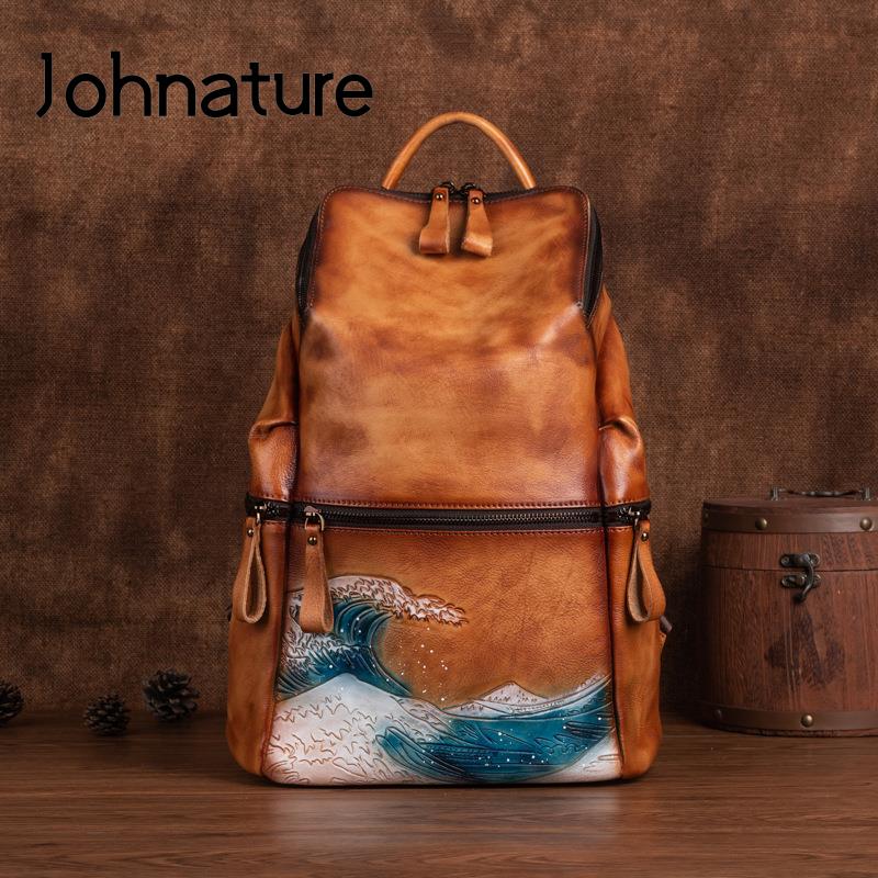 Women Bags Handmade - จอห์นาเจอร์กระเป๋าเป้สะพายหลังหนังแท้ผู้หญิงความจุขนาดใหญ่กระเป๋าเดินทางกลางแจ้ง 2026 ใหม่กระเป๋าเป้สะพายหลังหนังวัวธรรมชาติทำด้วยมือ