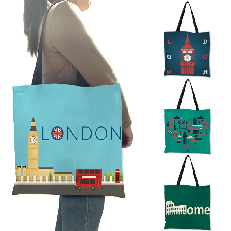 Women Bags Rome - กระเป๋าสะพายผ้าลินินคุณภาพสูง London Big Ben Tower โรมพิมพ์