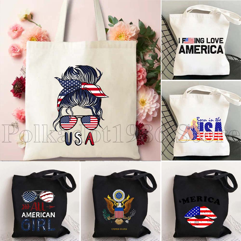 Women Bags Usa - กระเป๋าผ้าแคนวาสลายธงชาติอเมริกัน ของขวัญวันชาติ 4 กรกฎาคม ลายแผนที่สหรัฐอเมริกา กระเป๋าช้อปปิ้ง