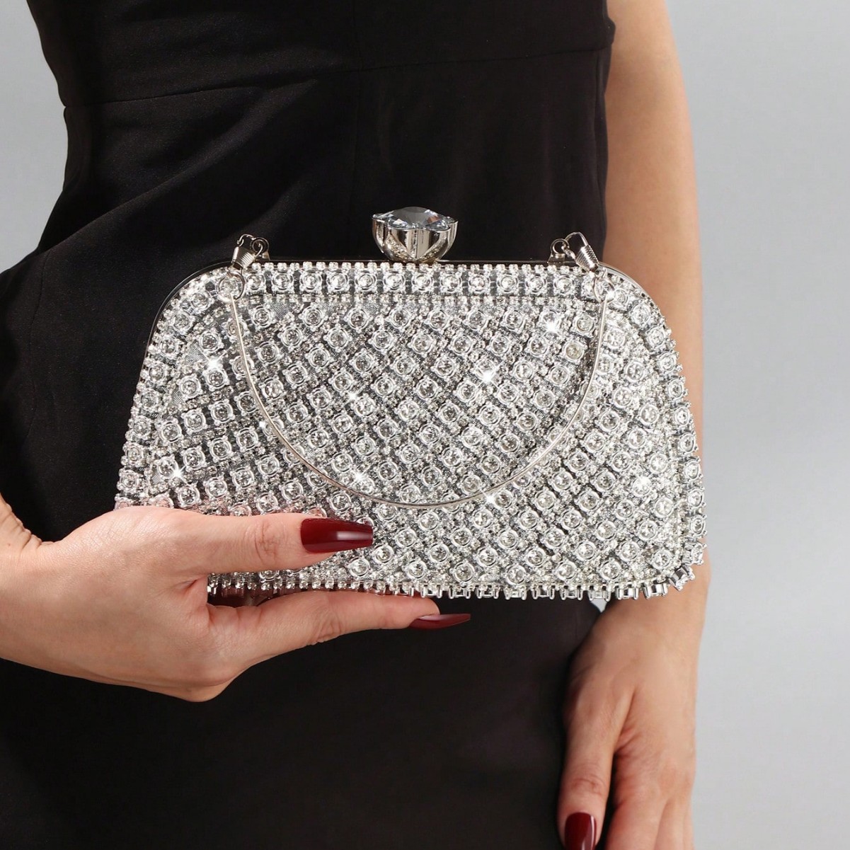 Clutch Bag Evening - กระเป๋าคลัทช์ทรงกล่องประดับเพชรหรูหรา สีเงิน สำหรับงานแต่งงาน งานกลางคืน สไตล์วินเทจ ประดับลูกปัด