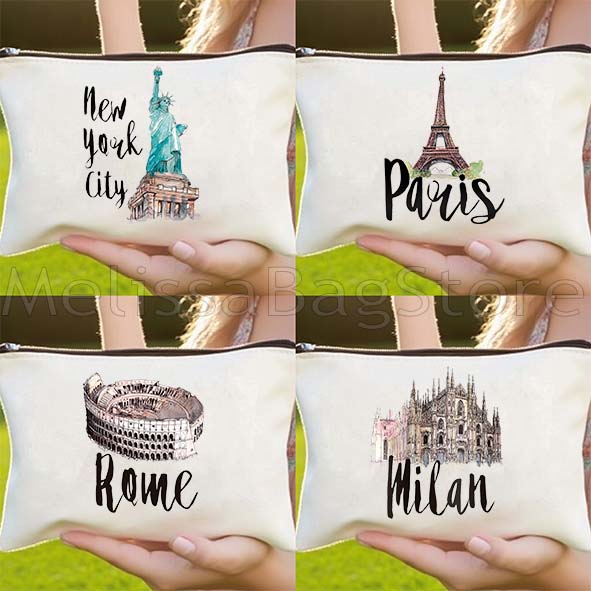 Women Bags Rome - กระเป๋าเครื่องสำอางลายเมืองนิวยอร์ก ปารีส ลอนดอน โรม กระเป๋าผ้าแคนวาสพิมพ์ลายน่ารักสำหรับผู้หญิง กระเป๋าใส่เครื่องสำอางแบบพกพา