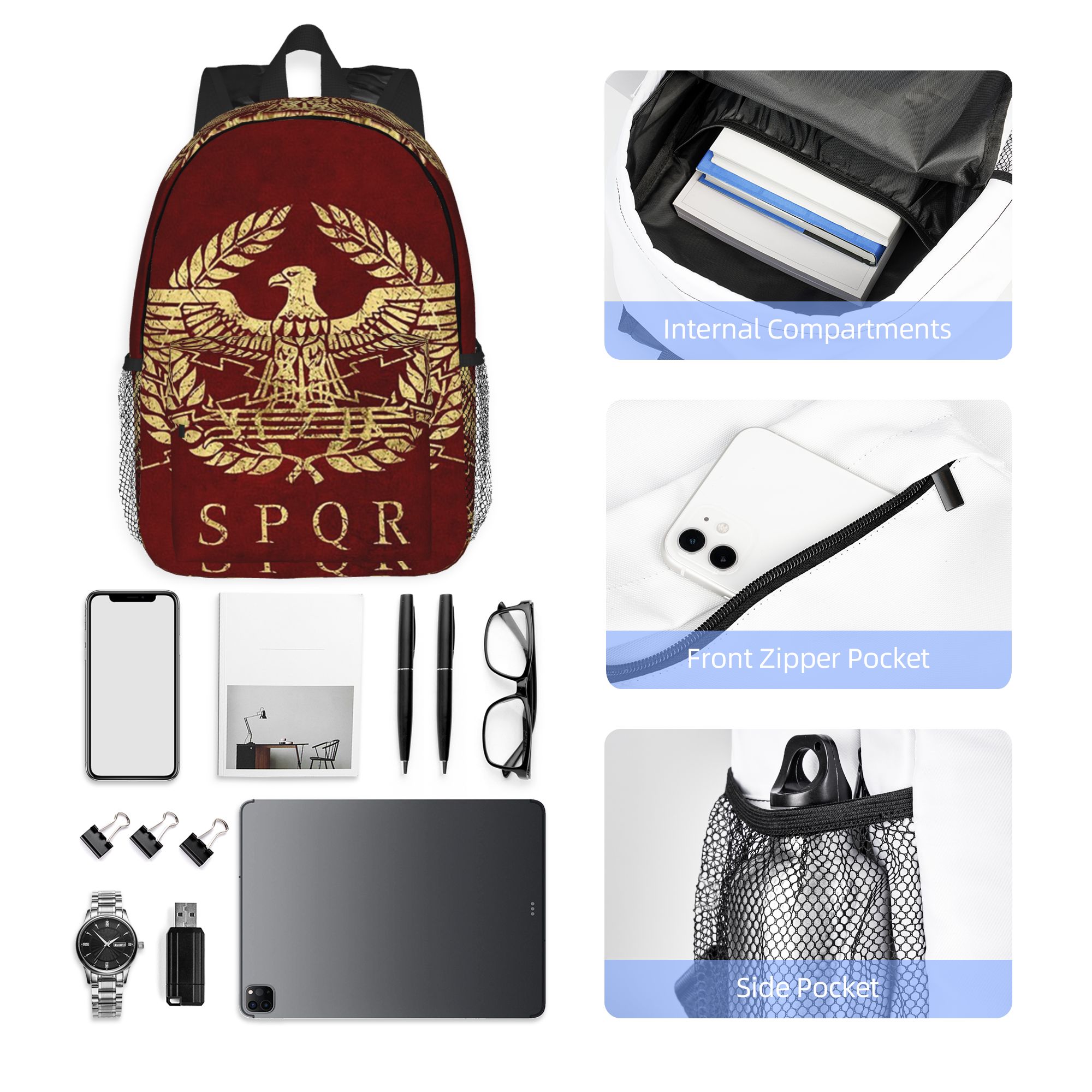 Women Bags Rome - โรม SPQR กระเป๋าเป้สะพายหลังโรมัน กระเป๋าเป้สะพายหลังขนาดใหญ่สำหรับเด็กชายและเด็กหญิง กระเป๋าสะพายไหล่สำหรับผู้ชายและผู้หญิง กระเป๋านักเรียน